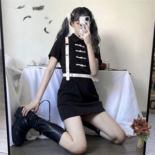 Set: Short-sleeve Frog-buttoned A-line Mini Shirtdress + Harness