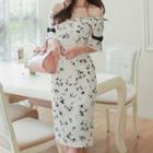 Off-shoulder Floral Elbow-sleeve Sheath Dress
