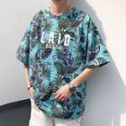 Couple Matching Elbow-sleeve Tropical Print Letter T-shirt
