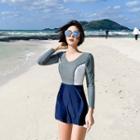 Set: Long-sleeve Two-tone Rashguard + Swim Skirt