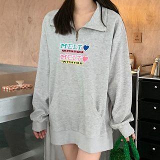 Semi Split-neck Zip Long-sleeve Sweatshirt Gray - One Size