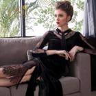 Long-sleeve Lace-panel Velvet Dress