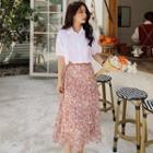 Set: Balloon-sleeve Shirt + Floral Print Midi A-line Skirt