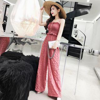 Set: Spaghetti-strap Smocked Crop Top + Wide-leg Pants
