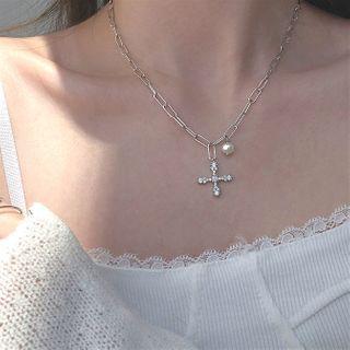 925 Sterling Silver Faux Pearl Cross Pendant Necklace 925silver Cross & Pearl Necklace - One Size