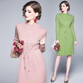 Buttoned Mock-turtleneck Drawstring Rib Knit Dress