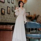 V-neck Lace Trim Long-sleeve Maxi A-line Dress