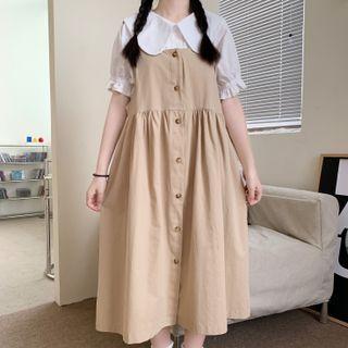 Midi Button-up Overall Dress / Short-sleeve Plain Shirt