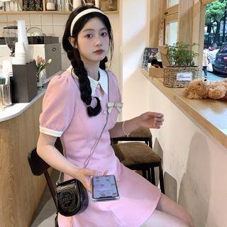 Puff-sleeve A-line Polo Dress Pink - One Size
