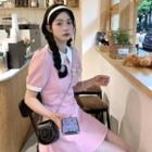 Puff-sleeve A-line Polo Dress Pink - One Size