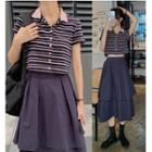 Striped Short-sleeve Top / Tiered Midi Skirt
