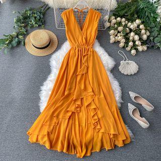 V-neck Sleeveless Ruffled Midi A-line Dress