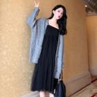 Cable-knit Button Cardigan/ Strappy Midi A-line Mesh Dress