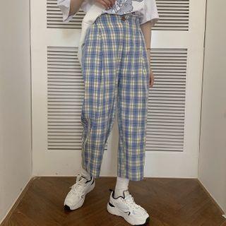 Plaid Cropped Straight-fit Pants / Rabbit Print Elbow-sleeve T-shirt