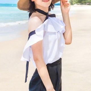 Set: Contrast Trim Off Shoulder Short Sleeve Top + Plain Wide Leg Pants