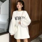 Lettering Puff-sleeve Mesh Sweater