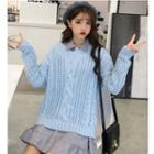 Cable Knit V-neck Sweater / Long-sleeve Ruffle Hem Mini Shirt Dress