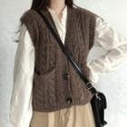 Plain Knit Vest / Long-sleeve Ruffle Trim Blouse