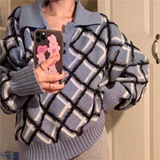 Long-sleeve Polo Collared Argyle Knit Top
