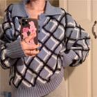 Long-sleeve Polo Collared Argyle Knit Top