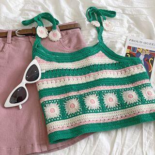 Flower Cropped Knit Camisole Top Green - One Size
