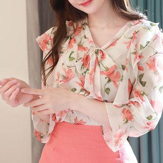 Tie-neck Ruffled Floral Top Ivory - One Size