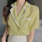 Short-sleeve Contrast Trim Double Breasted Shirt Greenish Yellow - One Size