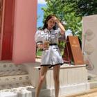 Set: Puff-sleeve Contrast-trim Blouse + Flap-front Shorts