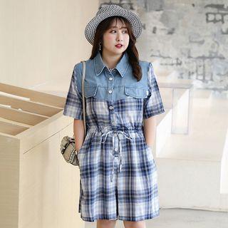 Mock Two-piece Plaid Short-sleeve Playsuit
