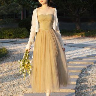 Lace Jacket / Spaghetti Strap Mesh Panel Midi A-line Dress / Set