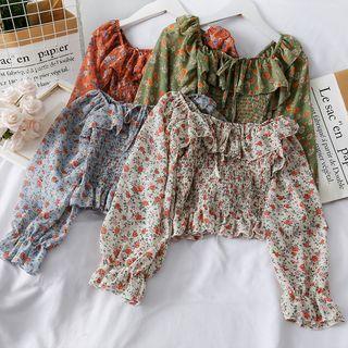 Boatneck Smocked Chiffon Crop Blouse