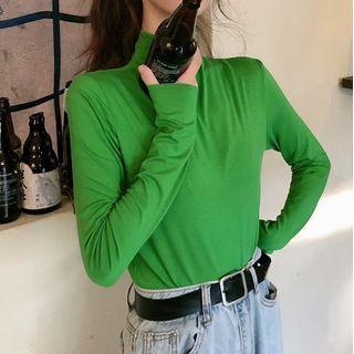 Long-sleeve Mock-neck Top Green - One Size