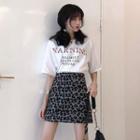 Set: Letter Short-sleeve T-shirt + Leopard Print Mini Skirt