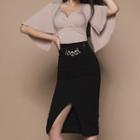 Set: Elbow-sleeve Crinkled Top + Slit Fitted Skirt