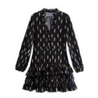 Long-sleeve Patterned Tiered Mini A-line Dress