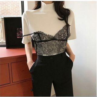 Set: Lace Camisole Top + Turtleneck Short Sleeve Plain T-shirt