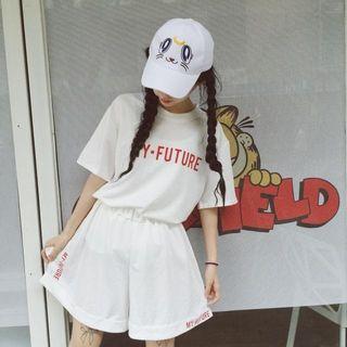 Set: Lettering Elbow-sleeve T-shirt + Wide Leg Shorts