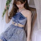 Set: Spaghetti-strap Halter Swim Top + Swim Skirt + Shorts