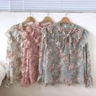 Floral Ruffled-trim Lace-up Flare-sleeve Blouse