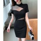 Short-sleeve Dotted Mesh Panel Mini Sheath Dress