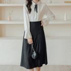 Asymmetrical Pleated Midi A-line Skirt / Collar Blouse / Set