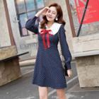 Long-sleeve Tie-neck Dotted A-line Dress