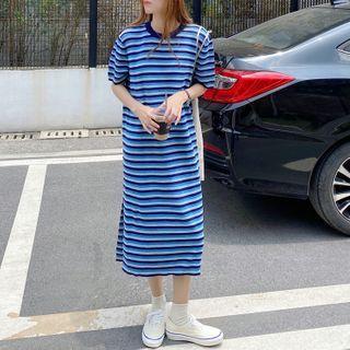 Short-sleeve Striped Split Knit Dress