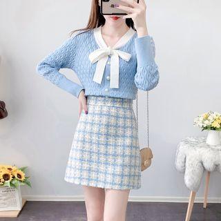 Set: Tie-neck Cardigan + A-line Skirt