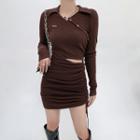 Long-sleeve Cut-out Collared Drawstring Mini Sheath Dress