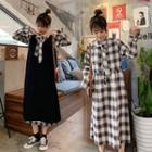 Plaid Long-sleeve Midi A-line Dress / Knit Sleeveless Dress / Set