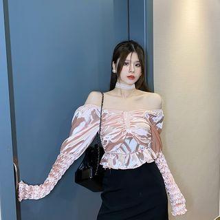 Off Shoulder Plain Pleated Long-sleeve Blouse
