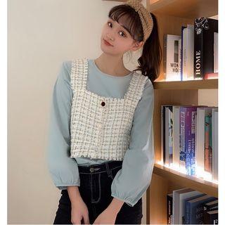 Plain Long-sleeve T-shirt / Tweed Camisole Top
