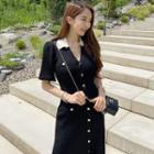 Short-sleeve Collar Knit Midi Sheath Dress Black - One Size