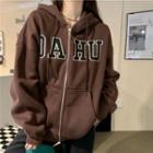 Lettering Embroidered Hooded Zip Jacket Brown - One Size